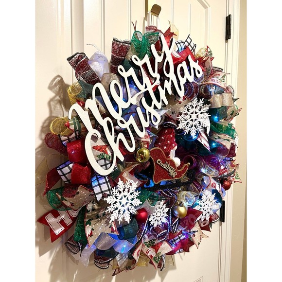 Handmade Christmas Gnome in Sleigh Holiday Ribbon Door Wreath 26 ins LED XLW1 - Picture 3 of 12